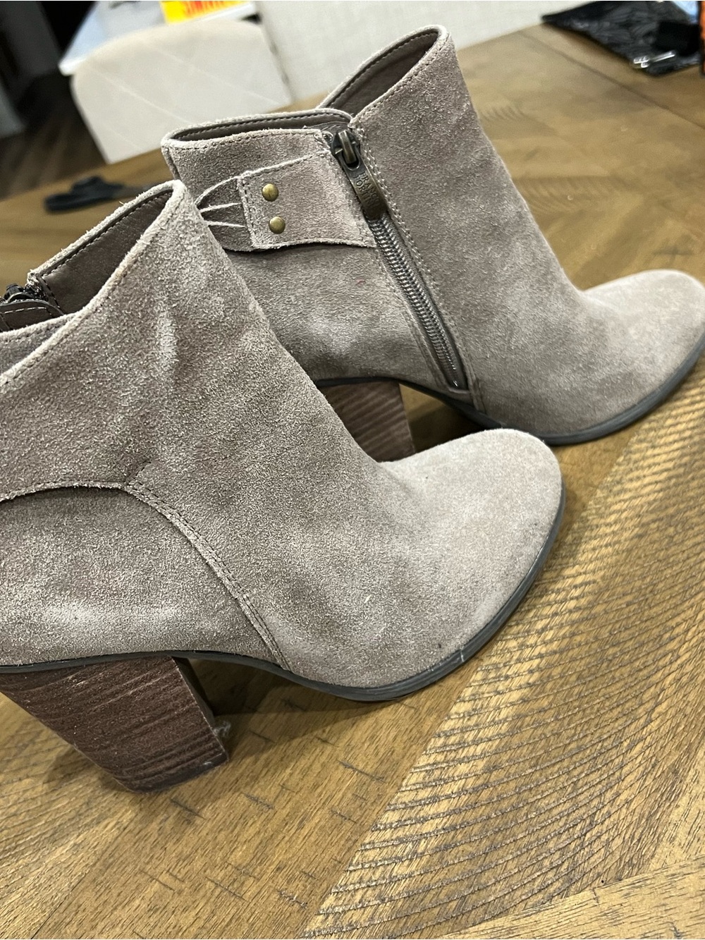 Franco Fortini Taupe Suede Ankle Booties with Stacked Heel
